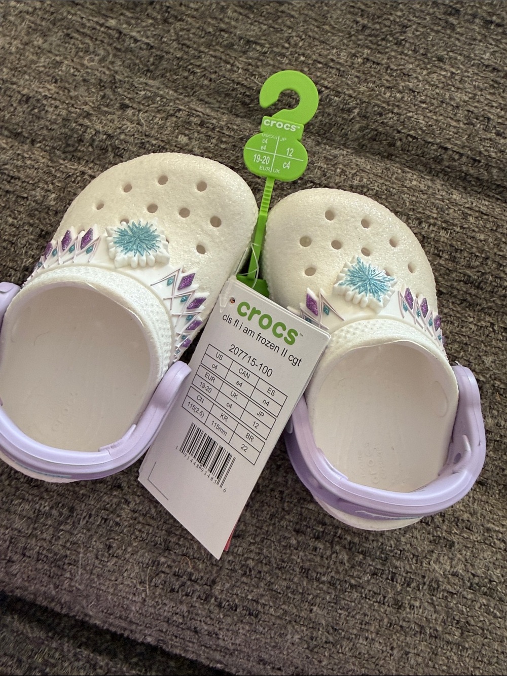 CROCS Kids White Clog with Lavender Strap and Blue Snowflake Charm